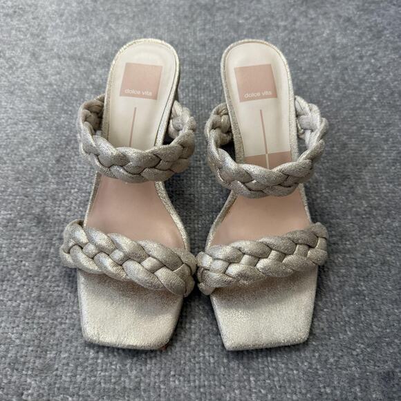 Dolce Vita Shoes Womens Size 7.5 Gold Heels Braided Sandals Block Party Chic - Picture 2 of 12